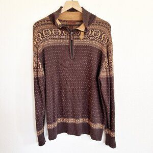 Born Sweater L Brown Fair Isle Silk Cashmere Blend 1/4 Zip Elbow Patc